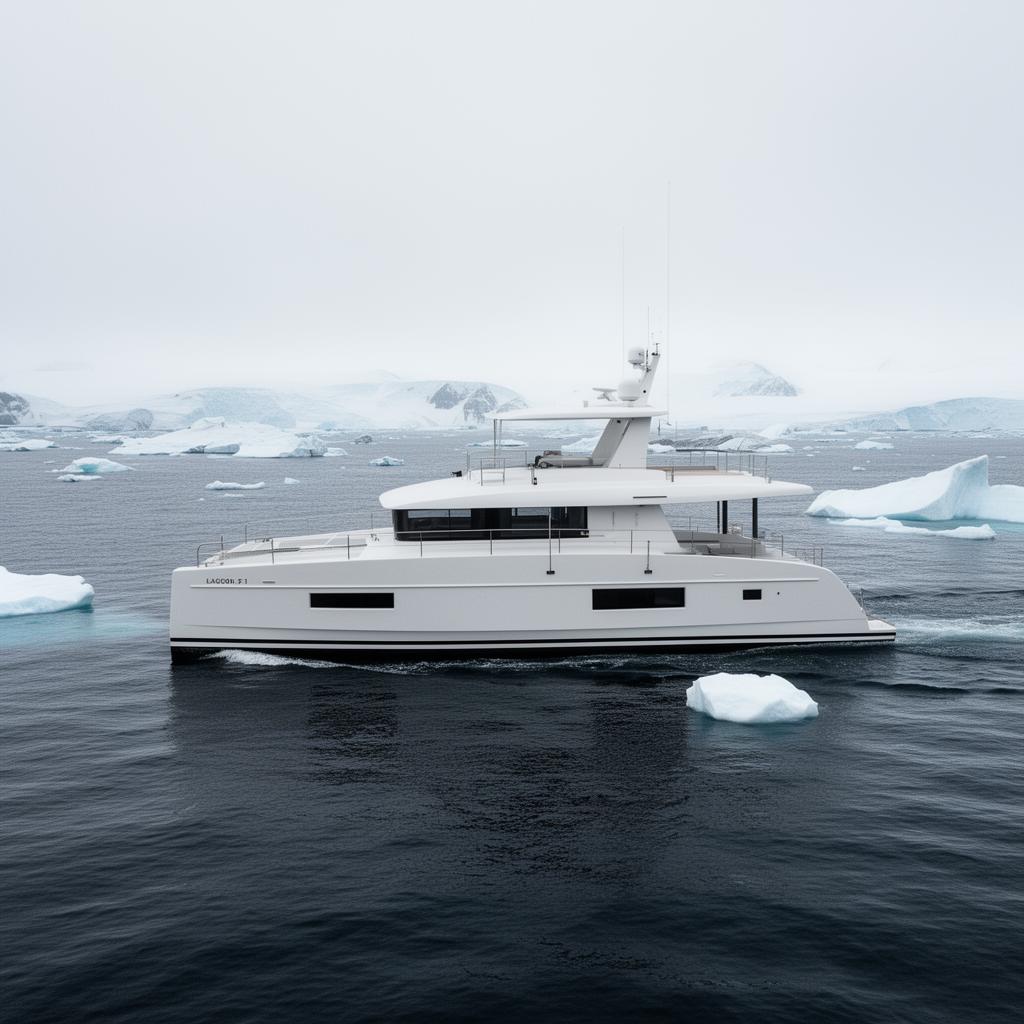 Lagoon 51 catamaran exterior among small icebergs