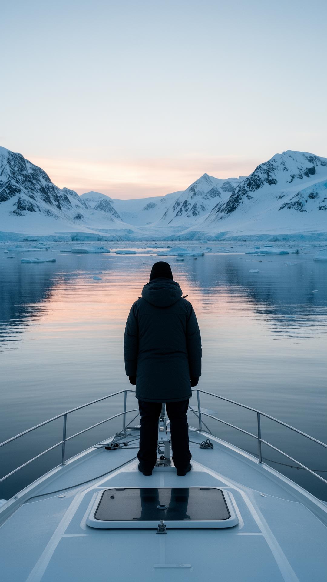 A guest on the bow of the catamaran at dawn