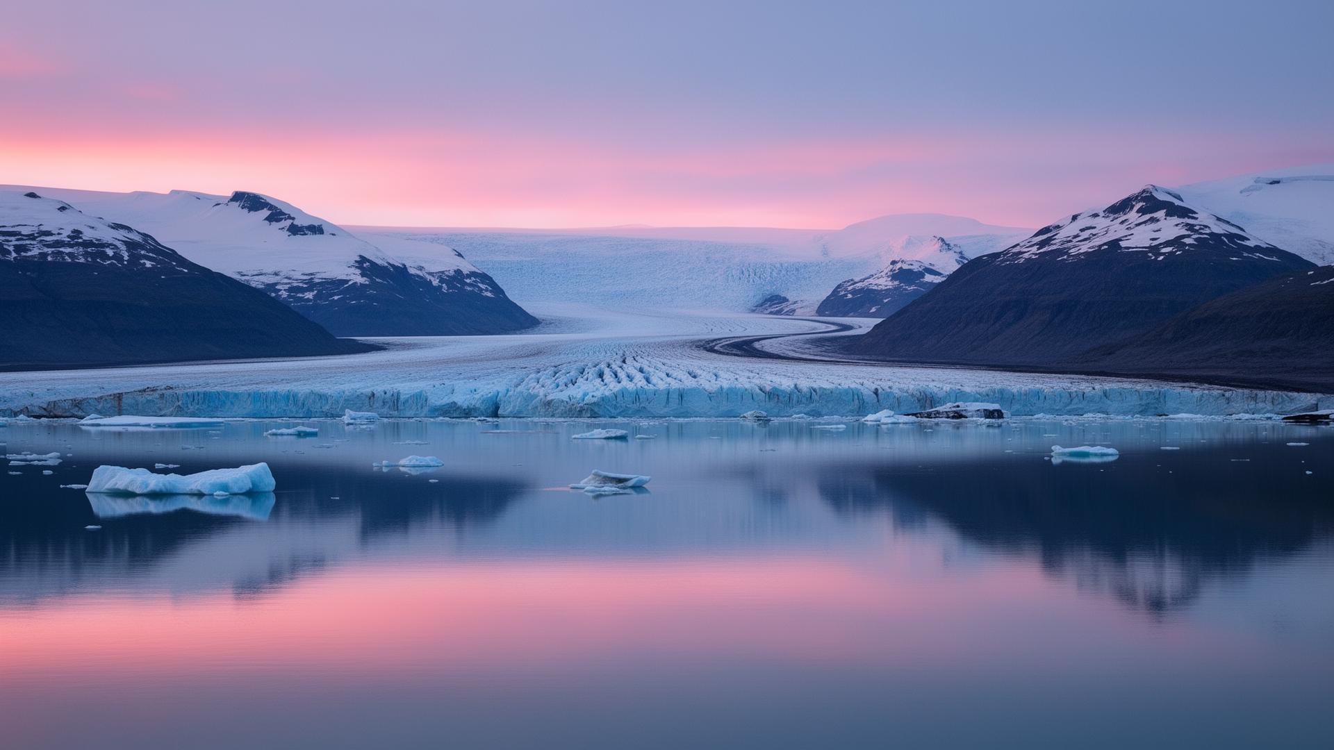 Glacier meeting an Arctic fjord at dawn